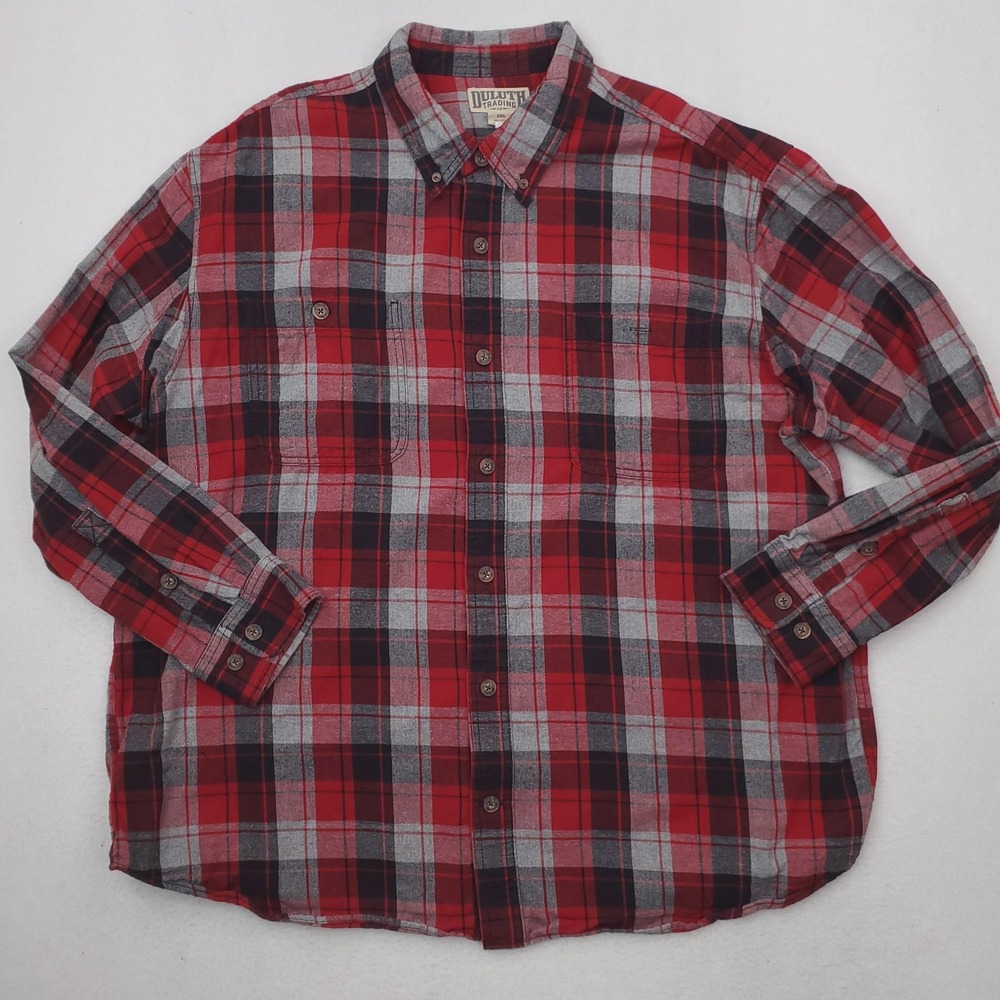 Duluth Trading Flannel Shirt Mens 2XL Red Plaid Button Up Long Sleeve Workwear